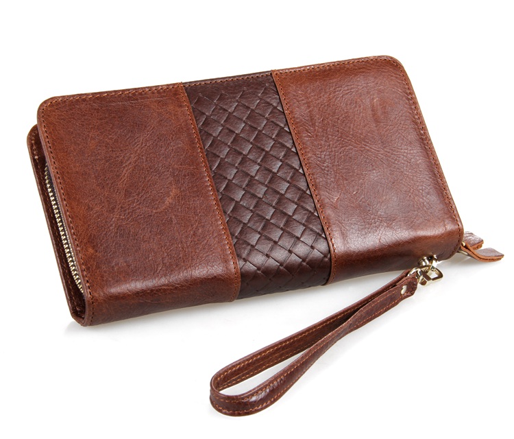 8070C Double Zipper Closure Classic Coffee Genuine Leather Wallet Men's Hand Bag