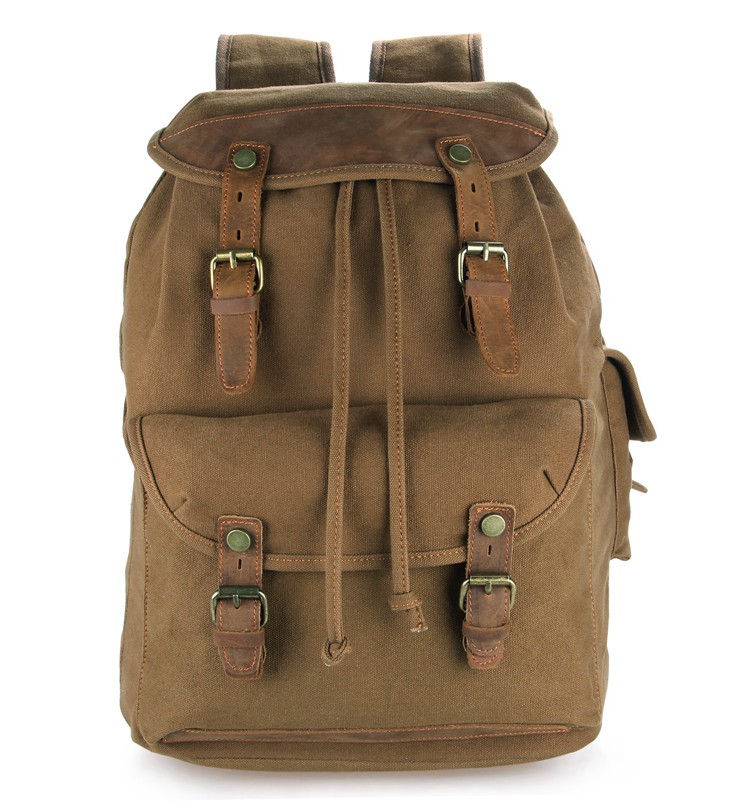 9020B Vintage Style Canvas And Leather Men's Brown Backpack Travel Bag Book Bag