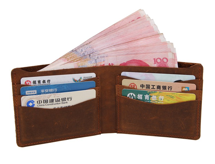 8072B Men's Crazy Horse Leather Bifold Wallet Billfold Brown Color 