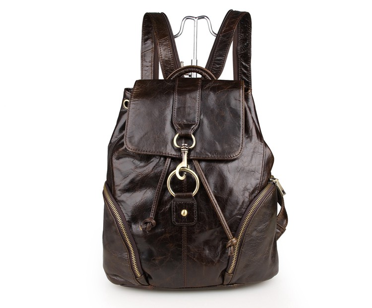 7286C 100% Genuine Leather Hiking Backpack Flap-over with Buckle