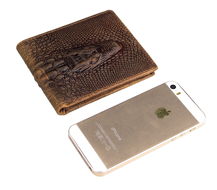 8029C Vintage Crazy Horse Leather Crocodile Pattern Men's Credit Card Holder Wallet Brown