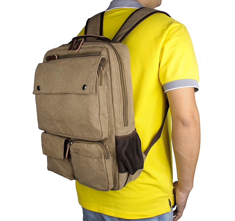 9022B Light Brown Durable Canvas Rucksack Bookbag Unisex Over The Shoulder School Bags