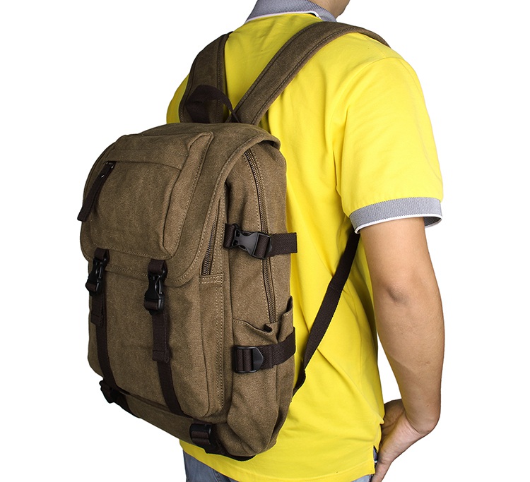 9023C Coffee Durable Canvas Rucksack Bookbag Hiking Backpack for young