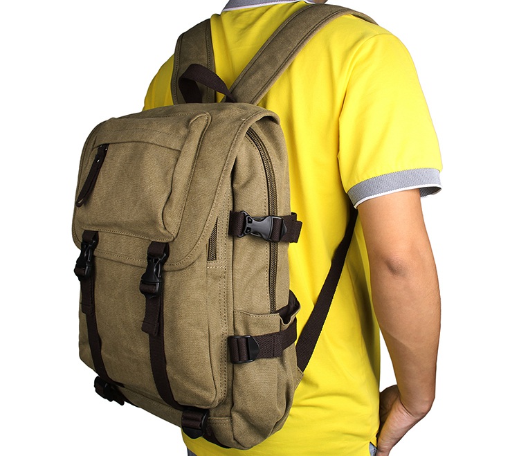 9023N Light Army Green Big Capacity Durable Canvas Hiking Backpack Unisex Laptop Rucksack