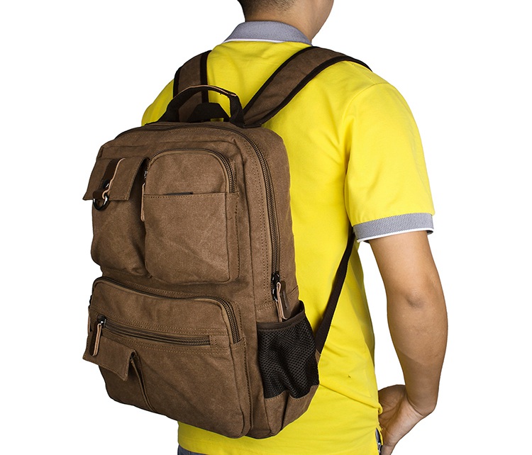 9021B Brown Durable Double Straps Canvas Knapsack Bookbag Backpack for Young