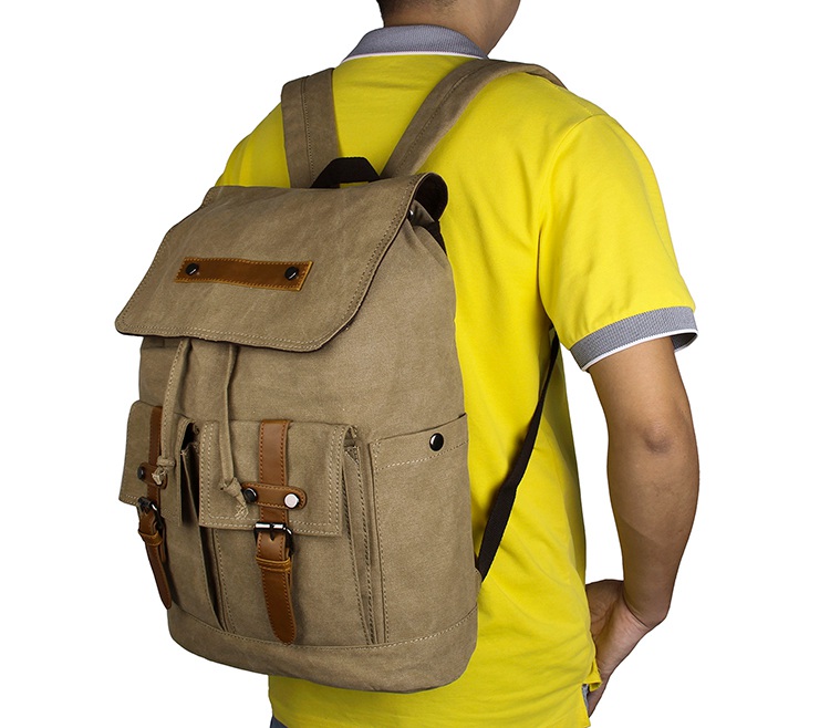 9026N Durable Canvas Light Army Green Rope Top Clousre Hiking Knapsack Laptop Backpack