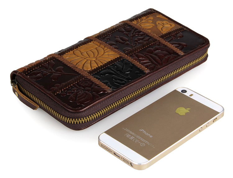 8091-2C Coffee+Brown+Black Vintage Genuine Cow Leather Square Pattern Zipper Wallet Handmade Supplier