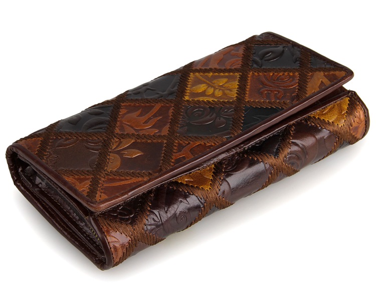 8094-3C Rhombus Flowery Coffee+Brown+Black Vintage Genuine Cow Leather Women Wallets