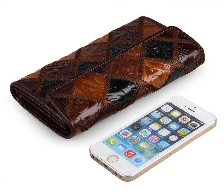 8097-3C Coffee+Brown+Black Vintage Genuine Cow Leather 3 Folded Rhombus Pattern Womens Leather Wallets Phone Holder