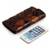 8097-3C Coffee+Brown+Black Vintage Genuine Cow Leather 3 Folded Rhombus Pattern Womens Leather Wallets Phone Holder
