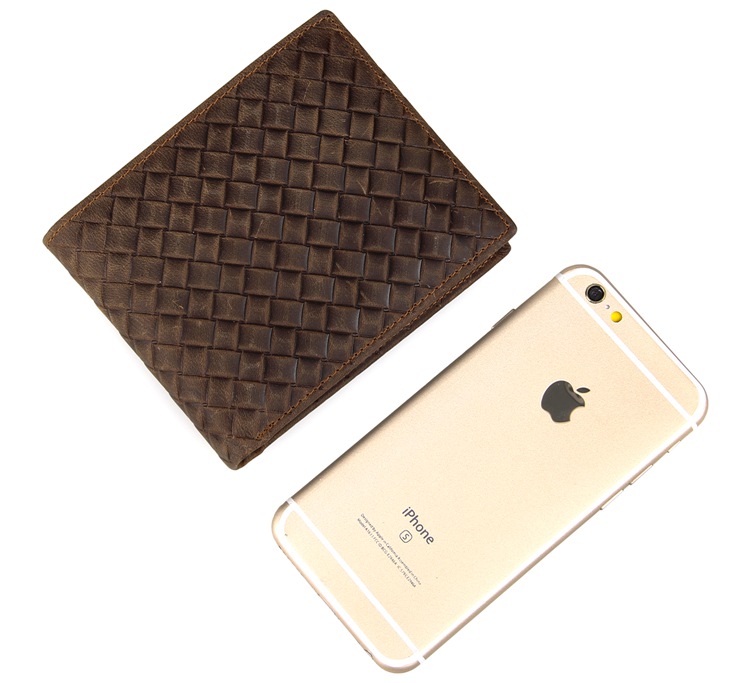 8098C Genuine Crazy Horse Leather Woven Pattern Men's Pocket Coin Wallet 