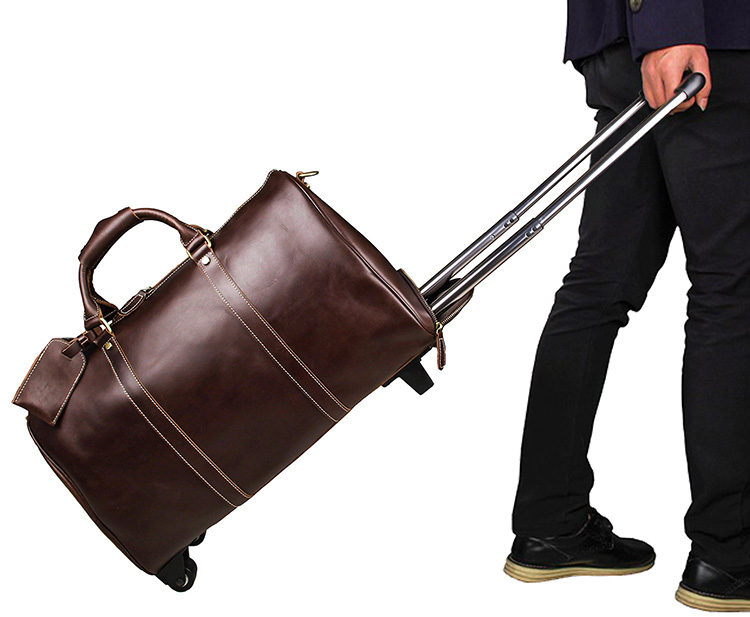 7077LC Unisex Coffee Color Genuine Leather Travel Tote Bag Trolley