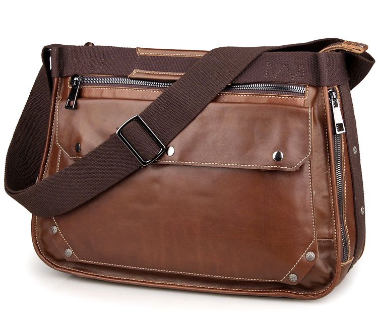 7323B Brown Cowboy Leather Mens Cross Body Bag Messenger Bag