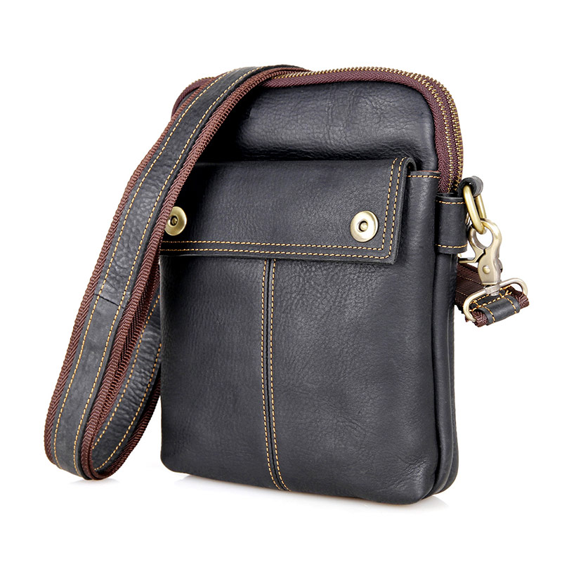 1002A Black Genuine Leather Mens Small Sling Bag Purse
