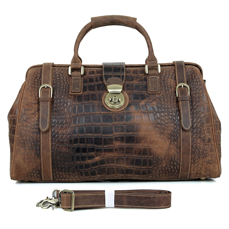 7281B Brown Unique Pattern Design Vintage Genuine Cow Leather Locked Duffle Bag