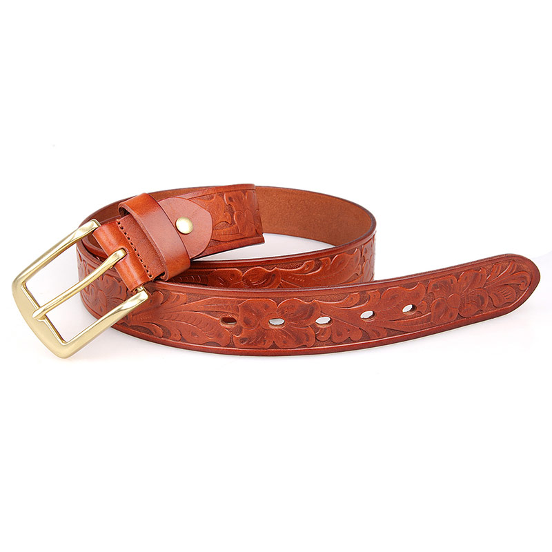 B014B-1 Brown Embossed Cow Hide Leather Belt for Men