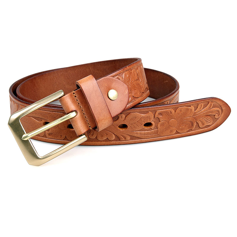 B014B Brown Embossed Cow Hide Leather Belt for Men