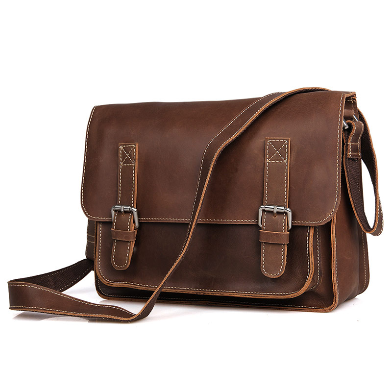 7089B-1 Crazy Horse Leather Men's Brown Shoulder Messenger Bag Cross Body Purse for Ipd 