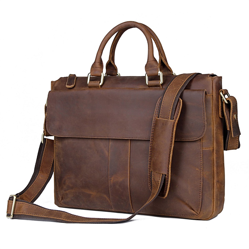 7113R-2 100% Real Crazy Horse Leather Men's Dark Brown Briefcase Handbag Shoulder Laptop Bag
